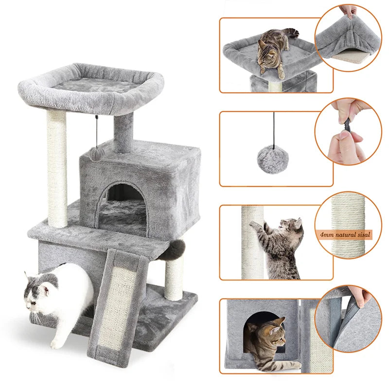 Cat Tree Luxury Cat Towers with Double Condos Spacious Perch Cat Hammock Fully Wrapped Scratching Sisal Post and Dangling Balls