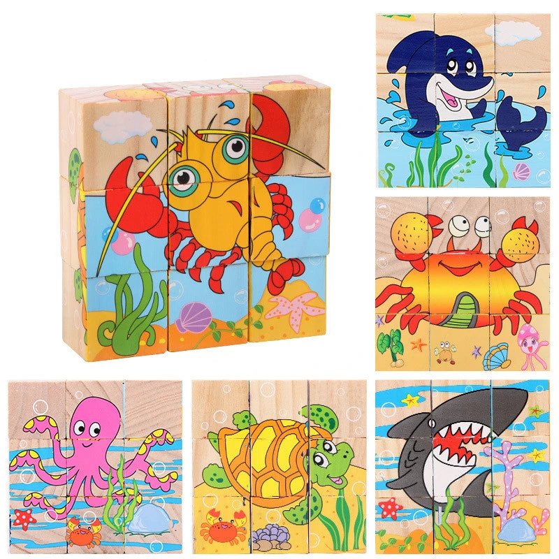 Baby Wooden Blocks Toys Children Six Side Cube Jigsaw Puzzles Game Animal Fruit Traffic Cognize Early Learning Educational Toys