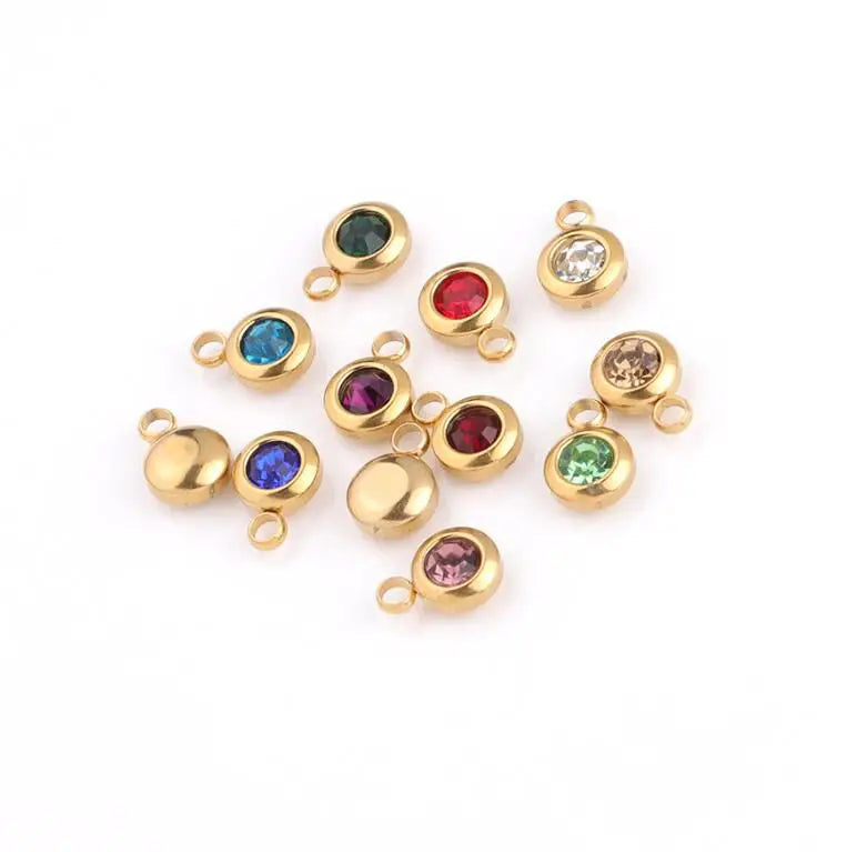 New 60 piece/lot Stainless Steel Crystal Pendant steel Gold Color 12 Birthstone Charm Round 6mm 6.5mm Rhinestones Charms