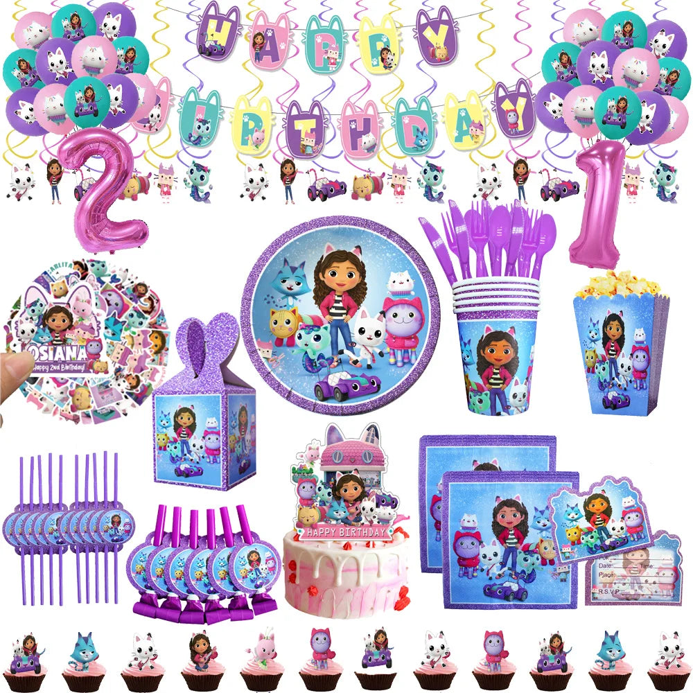 New Gabby Dollhouse Cats Birthday Party Supplies Disposable Tableware Girls Dinner Dessert Plates Napkins Cups Home Decorations