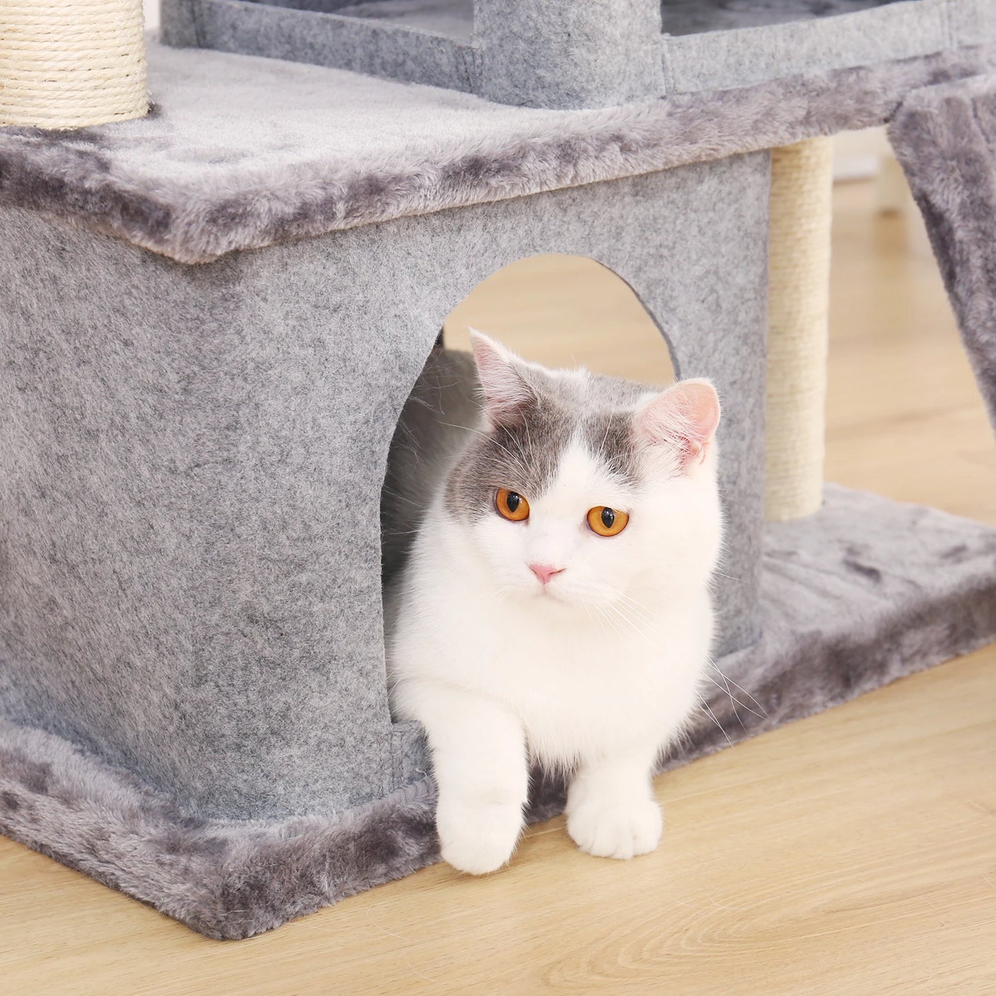 Cat Tree Luxury Cat Towers with Double Condos Spacious Perch Cat Hammock Fully Wrapped Scratching Sisal Post and Dangling Balls