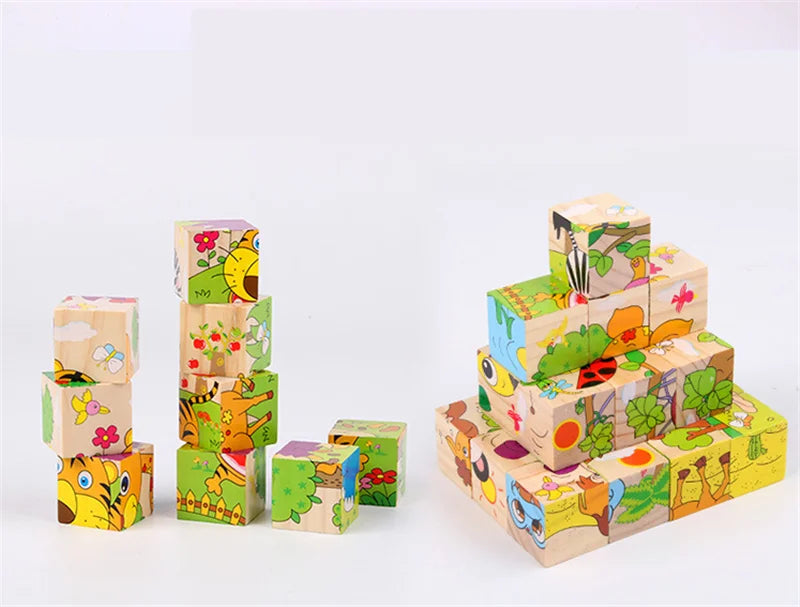 Baby Wooden Blocks Toys Children Six Side Cube Jigsaw Puzzles Game Animal Fruit Traffic Cognize Early Learning Educational Toys