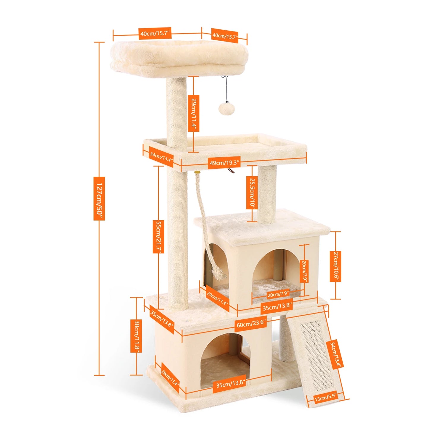 Cat Tree Luxury Cat Towers with Double Condos Spacious Perch Cat Hammock Fully Wrapped Scratching Sisal Post and Dangling Balls