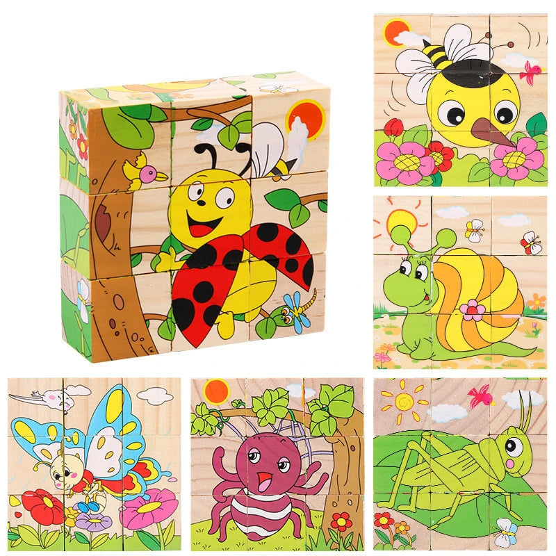 Baby Wooden Blocks Toys Children Six Side Cube Jigsaw Puzzles Game Animal Fruit Traffic Cognize Early Learning Educational Toys