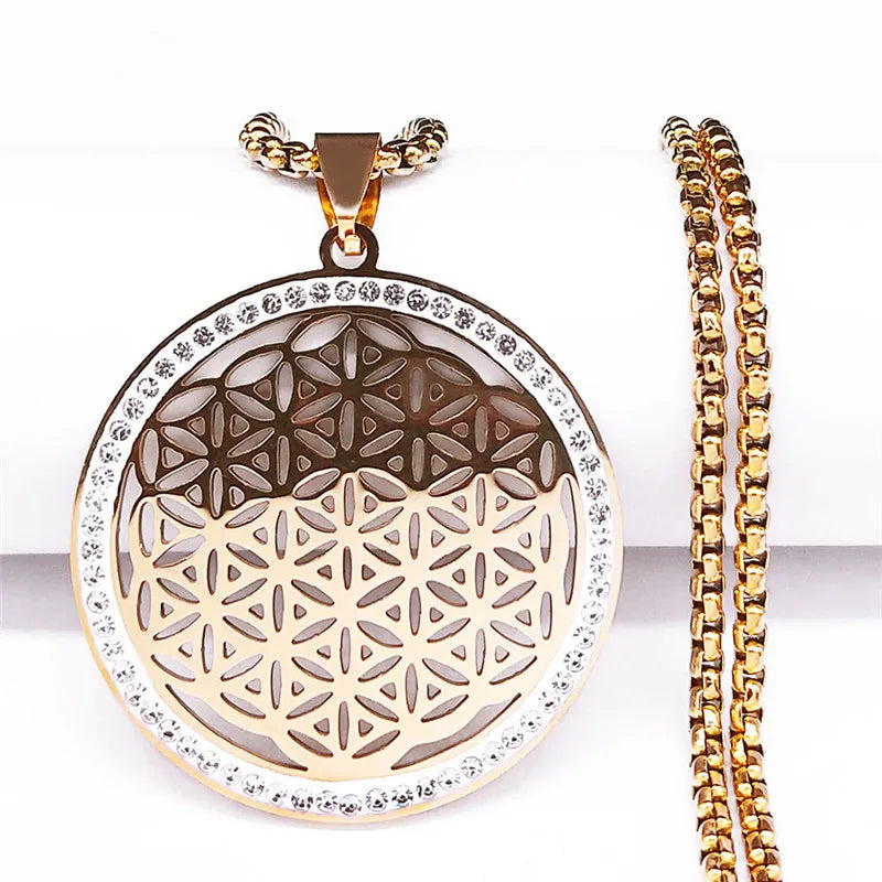 Yoga Flower of Life Stainless Steel Necklace for Women Men Gold Color Aesthetic Seed of Life Sacred Geometry Chain Jewelry N4834