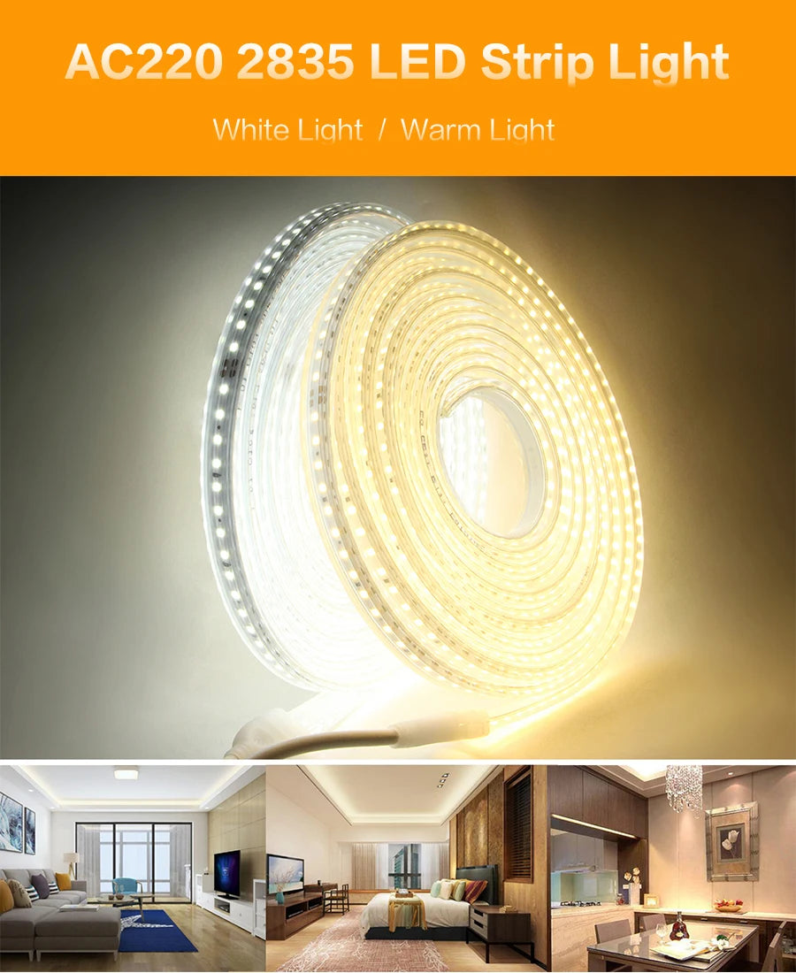 220V Waterproof LED Strip Light High Brightness 120LEDs/m For Home Decoration Kitchen Outdoor Garden LED Light With Switch