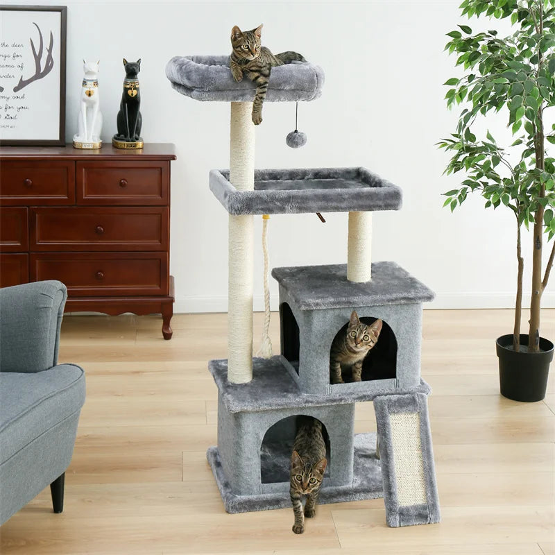 Cat Tree Luxury Cat Towers with Double Condos Spacious Perch Cat Hammock Fully Wrapped Scratching Sisal Post and Dangling Balls