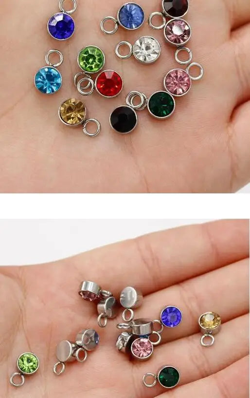 New 60 piece/lot Stainless Steel Crystal Pendant steel Gold Color 12 Birthstone Charm Round 6mm 6.5mm Rhinestones Charms