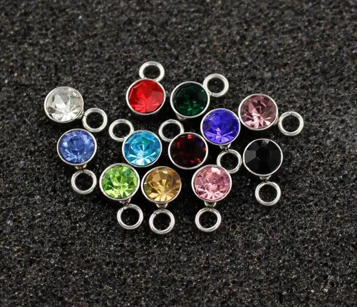 New 60 piece/lot Stainless Steel Crystal Pendant steel Gold Color 12 Birthstone Charm Round 6mm 6.5mm Rhinestones Charms