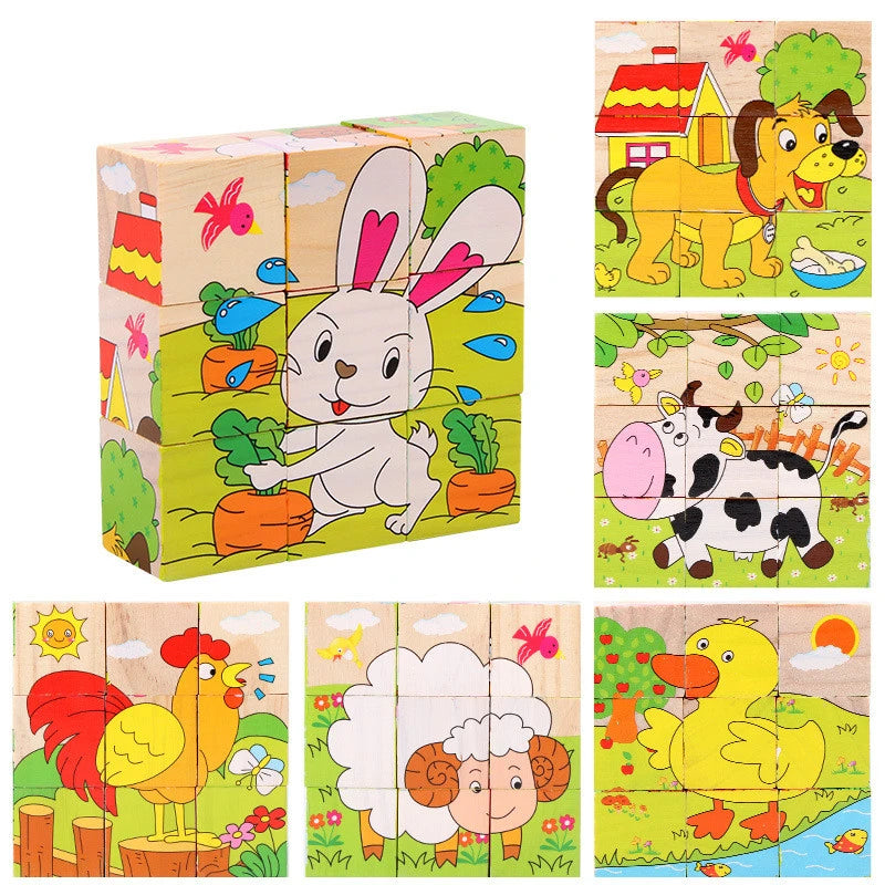 Baby Wooden Blocks Toys Children Six Side Cube Jigsaw Puzzles Game Animal Fruit Traffic Cognize Early Learning Educational Toys