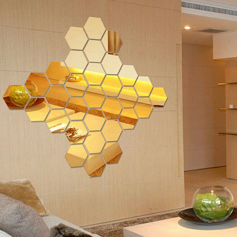 12pcs 3D Hexagon Decorative Mirrors DIY Removable Living-Room Wall Sticker High-adhesive Art Ornaments For Home Wall Decoration