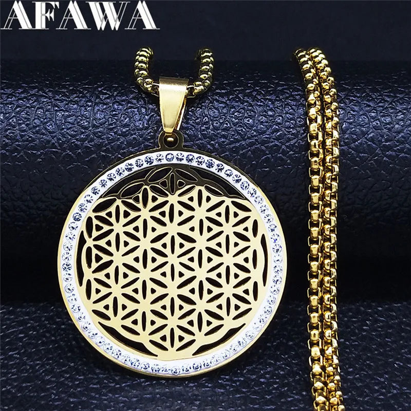 Yoga Flower of Life Stainless Steel Necklace for Women Men Gold Color Aesthetic Seed of Life Sacred Geometry Chain Jewelry N4834