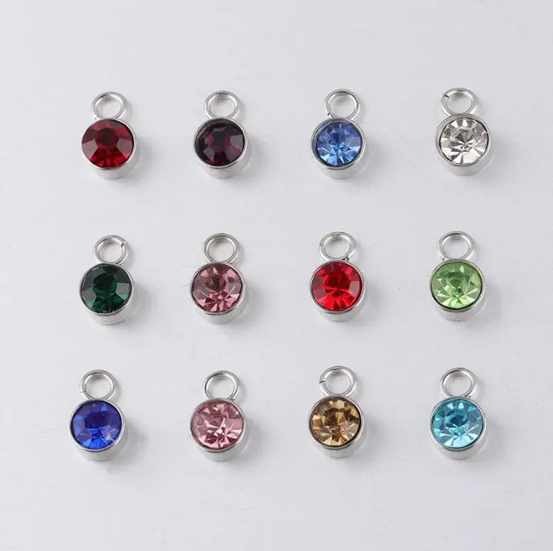 New 60 piece/lot Stainless Steel Crystal Pendant steel Gold Color 12 Birthstone Charm Round 6mm 6.5mm Rhinestones Charms