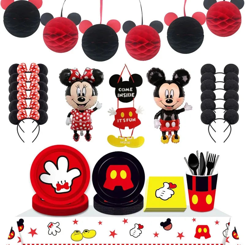 Mickey Mouse Theme Party Banner Party 8 People Disposable Plate Napkin Cup Cake Toppers for Kids Favor Flag Decoration Gifts