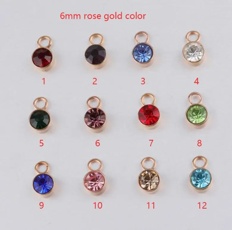 New 60 piece/lot Stainless Steel Crystal Pendant steel Gold Color 12 Birthstone Charm Round 6mm 6.5mm Rhinestones Charms