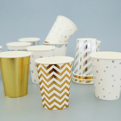 10pcs Golden Cup Party Paper Tableware Birthday Party Dinner Plate Polka Dot Striped Cup gold birthday party decorations event