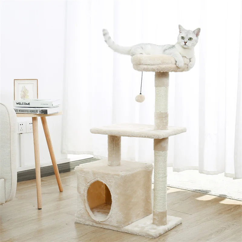 Cat Tree Luxury Cat Towers with Double Condos Spacious Perch Cat Hammock Fully Wrapped Scratching Sisal Post and Dangling Balls