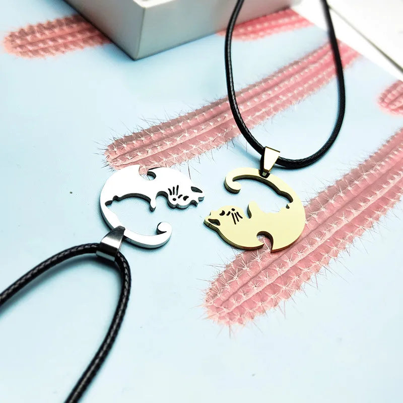 Stainless Steel Love Heart Round Yin Yang Pendant Necklaces Cute Hug Cat Couple Necklace