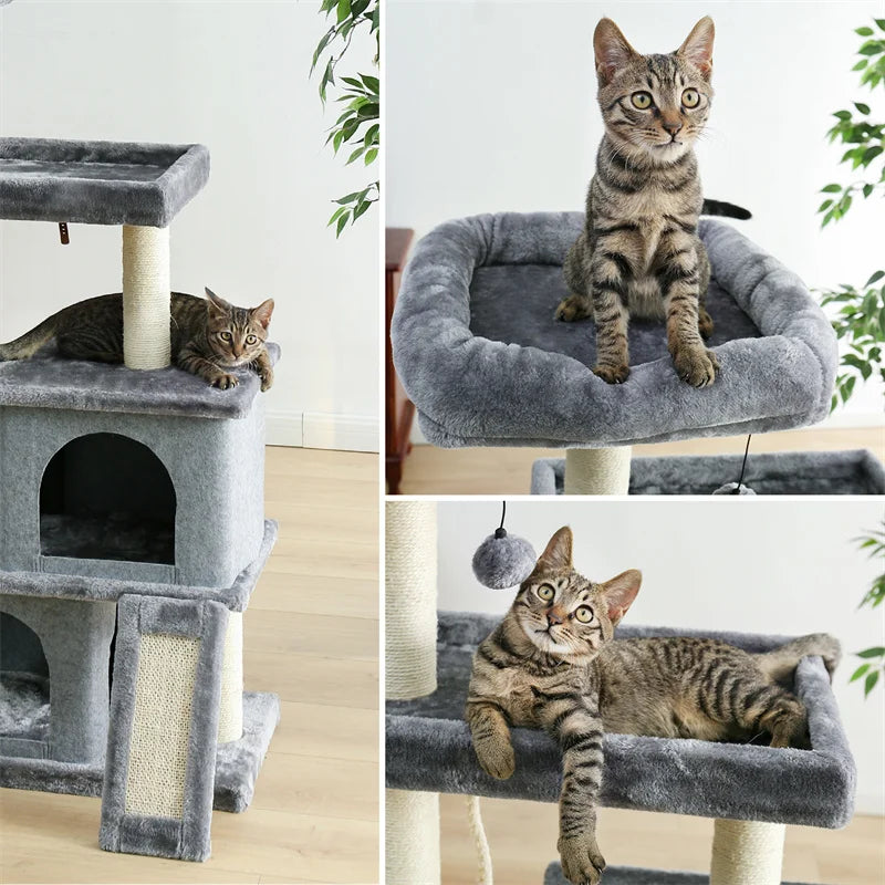 Cat Tree Luxury Cat Towers with Double Condos Spacious Perch Cat Hammock Fully Wrapped Scratching Sisal Post and Dangling Balls