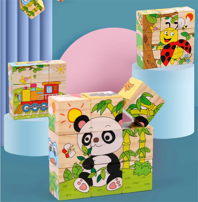 Baby Wooden Blocks Toys Children Six Side Cube Jigsaw Puzzles Game Animal Fruit Traffic Cognize Early Learning Educational Toys