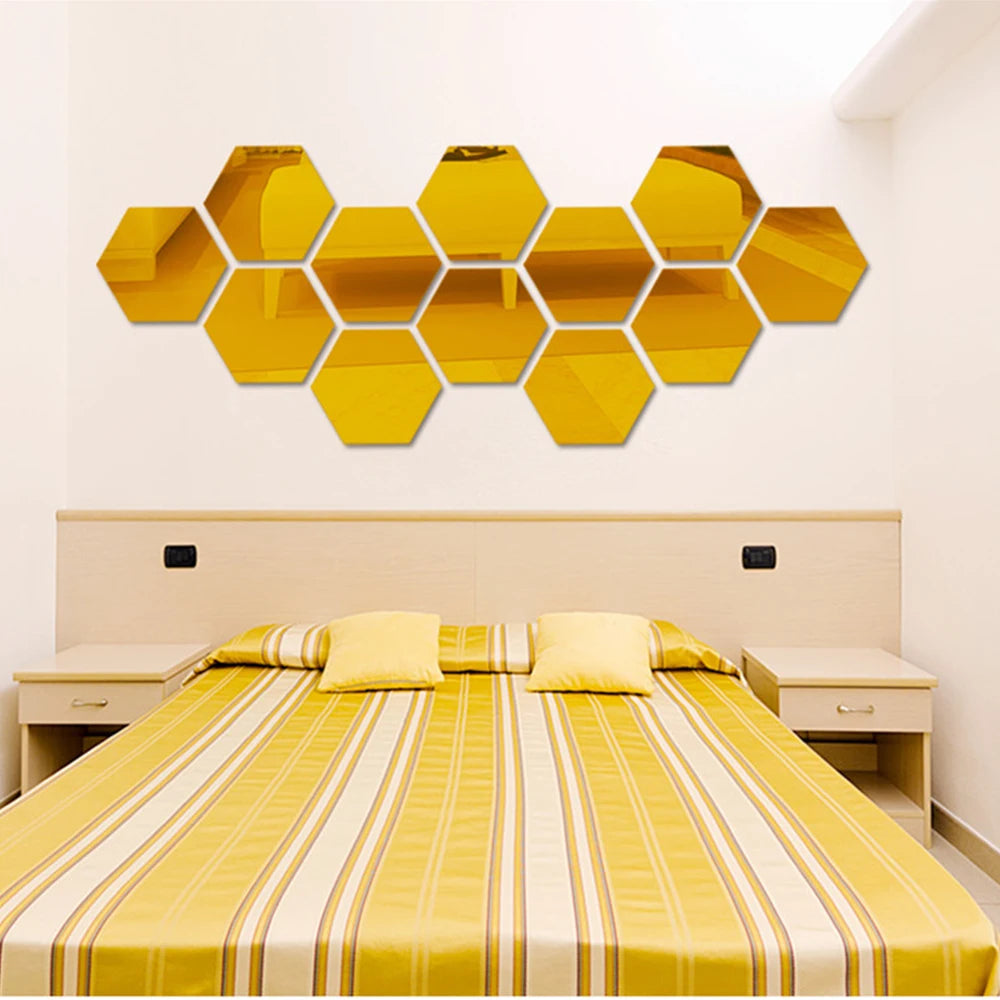 Hexagon 3D Mirror Wall Sticker Multiple Sizes DIY TV Background Living Room Stickers Wall Decor Bedroom Bathroom Home Decoration