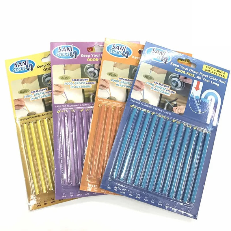 12pcs/set Sani Sticks Oil Decontamination Kitchen Toilet Bathtub Drain Cleaner DeodorizerSewer Cleaning Rod Bar Hair Clear