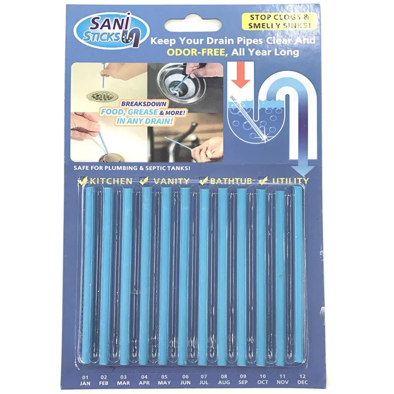 12pcs/set Sani Sticks Oil Decontamination Kitchen Toilet Bathtub Drain Cleaner DeodorizerSewer Cleaning Rod Bar Hair Clear