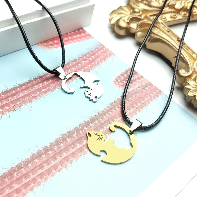 Stainless Steel Love Heart Round Yin Yang Pendant Necklaces Cute Hug Cat Couple Necklace