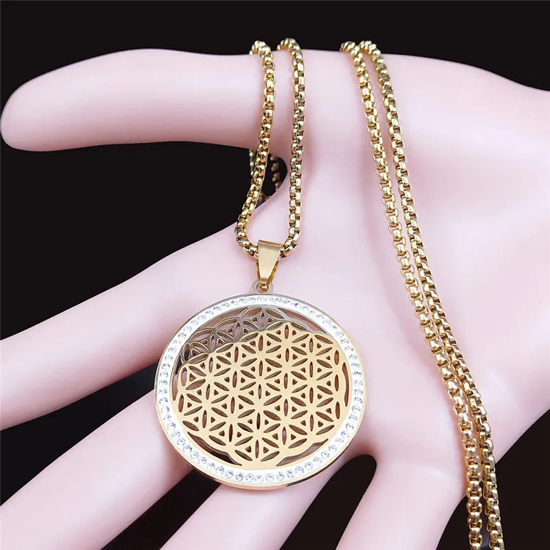 Yoga Flower of Life Stainless Steel Necklace for Women Men Gold Color Aesthetic Seed of Life Sacred Geometry Chain Jewelry N4834