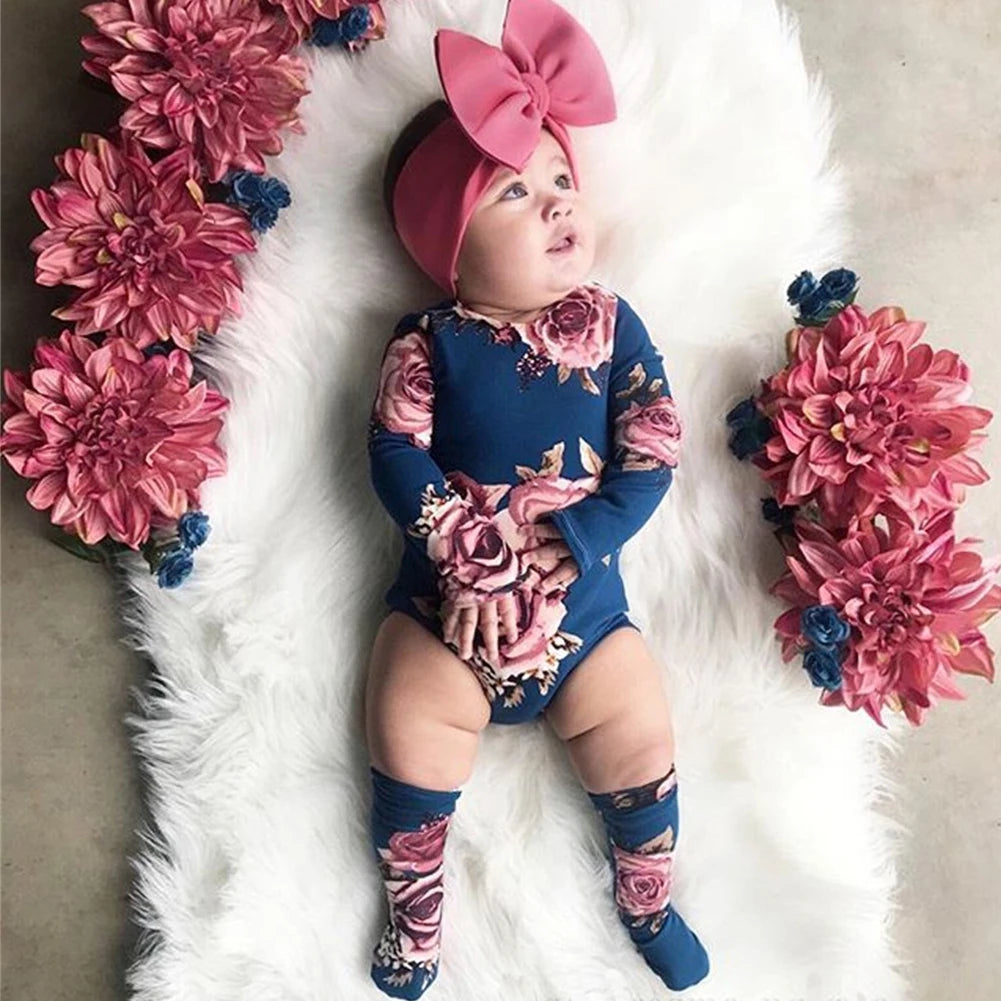 0-24M Newborn Baby Girl Clothing Autumn Long Sleeve Floral Romper Jumpsuit + Warm Leg Socks Outfit Baby Clothes