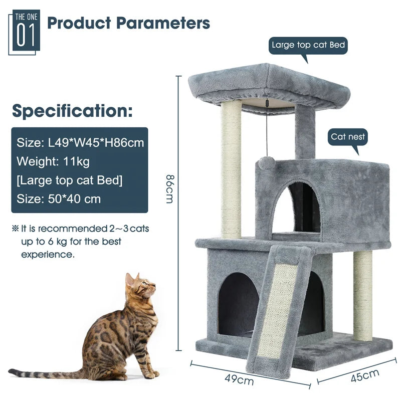 Cat Tree Luxury Cat Towers with Double Condos Spacious Perch Cat Hammock Fully Wrapped Scratching Sisal Post and Dangling Balls