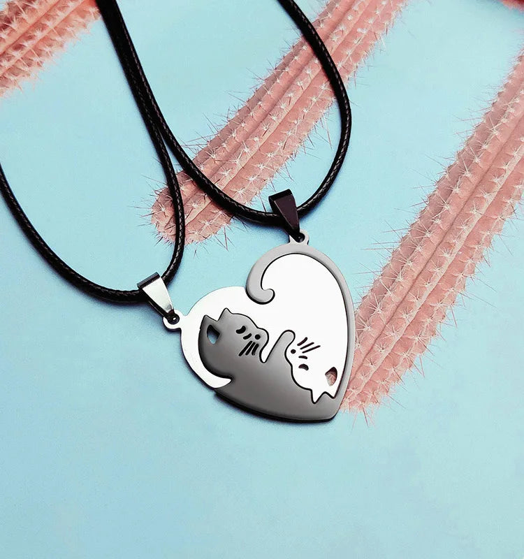 Stainless Steel Love Heart Round Yin Yang Pendant Necklaces Cute Hug Cat Couple Necklace