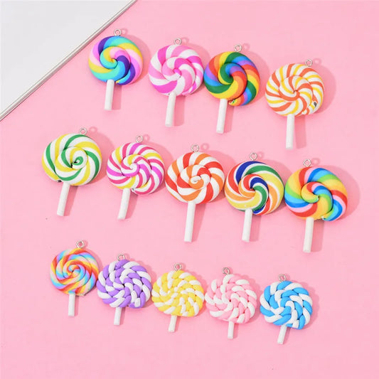 10pcs/pack Multi-color Soft Clay Simulation Lollipop Charms Pendant For Women Girls DIY Necklace Earrings Jewelry Accessories