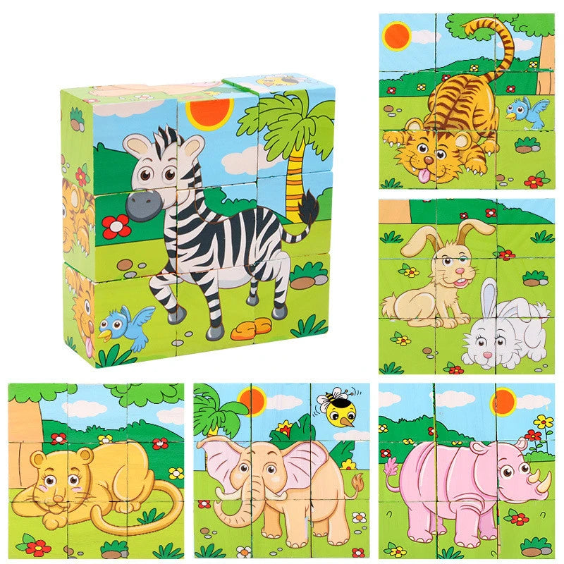 Baby Wooden Blocks Toys Children Six Side Cube Jigsaw Puzzles Game Animal Fruit Traffic Cognize Early Learning Educational Toys