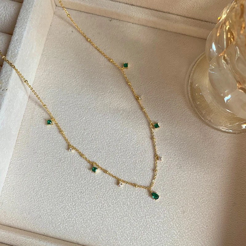 XIYANIKE Retro Emerald Inlaid Rhinestone Necklace Female Simple Temperament Exquisite Silver Color Clavicle Chain Oжерелье Gift