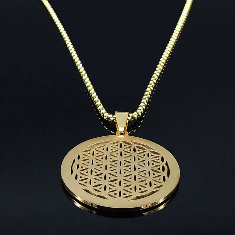 Yoga Flower of Life Stainless Steel Necklace for Women Men Gold Color Aesthetic Seed of Life Sacred Geometry Chain Jewelry N4834