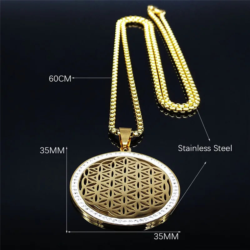 Yoga Flower of Life Stainless Steel Necklace for Women Men Gold Color Aesthetic Seed of Life Sacred Geometry Chain Jewelry N4834