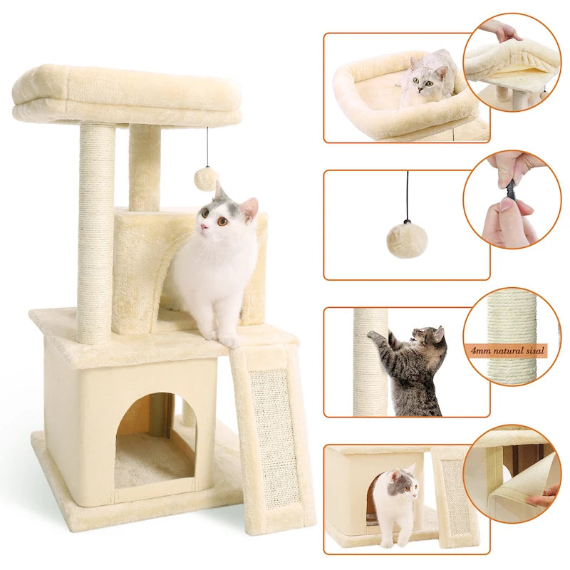 Cat Tree Luxury Cat Towers with Double Condos Spacious Perch Cat Hammock Fully Wrapped Scratching Sisal Post and Dangling Balls