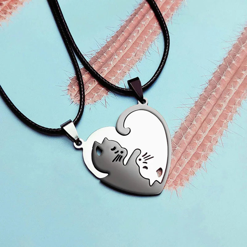 Stainless Steel Love Heart Round Yin Yang Pendant Necklaces Cute Hug Cat Couple Necklace