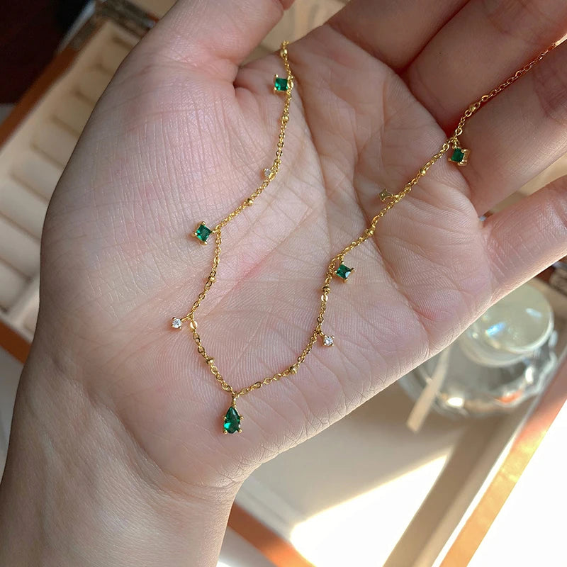 XIYANIKE Retro Emerald Inlaid Rhinestone Necklace Female Simple Temperament Exquisite Silver Color Clavicle Chain Oжерелье Gift