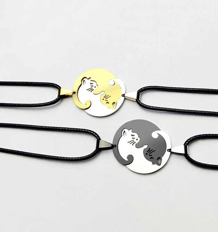 Stainless Steel Love Heart Round Yin Yang Pendant Necklaces Cute Hug Cat Couple Necklace