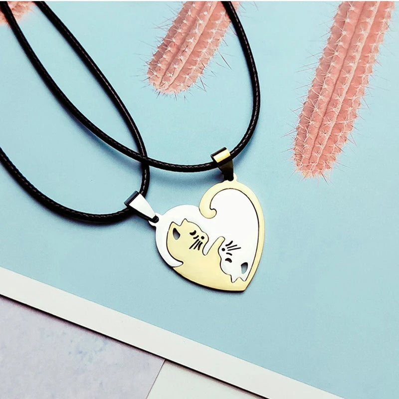 Stainless Steel Love Heart Round Yin Yang Pendant Necklaces Cute Hug Cat Couple Necklace