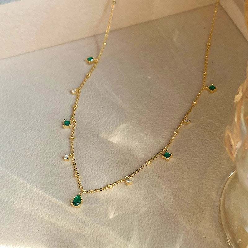 XIYANIKE Retro Emerald Inlaid Rhinestone Necklace Female Simple Temperament Exquisite Silver Color Clavicle Chain Oжерелье Gift