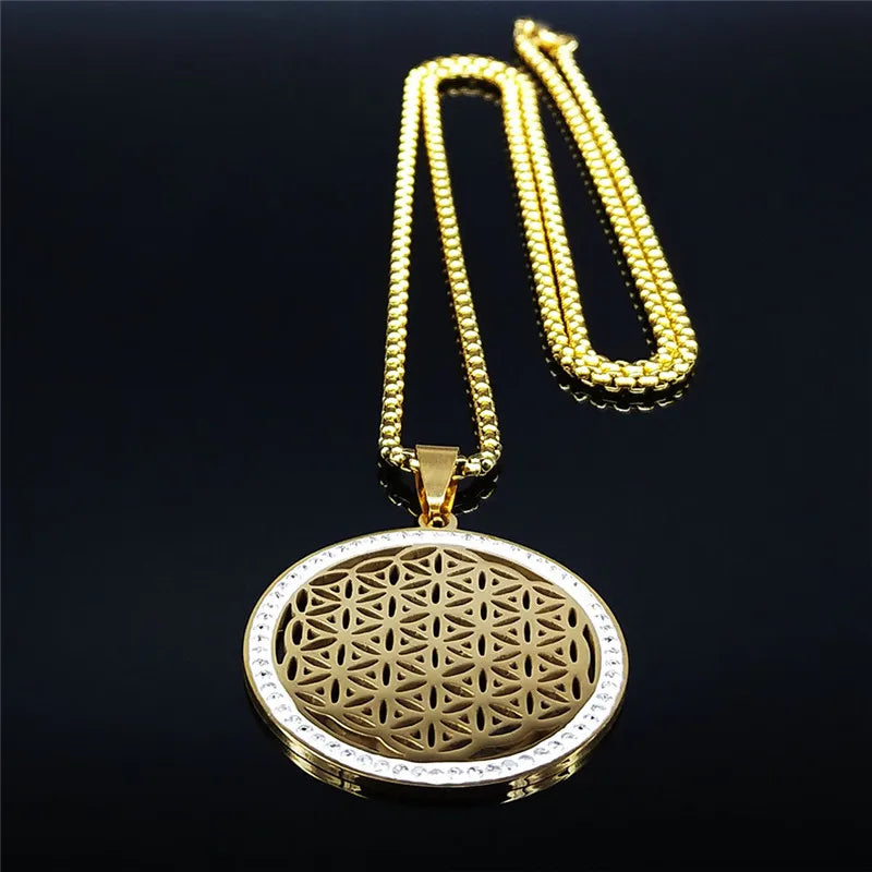 Yoga Flower of Life Stainless Steel Necklace for Women Men Gold Color Aesthetic Seed of Life Sacred Geometry Chain Jewelry N4834