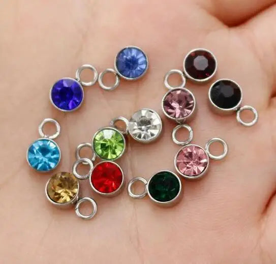 New 60 piece/lot Stainless Steel Crystal Pendant steel Gold Color 12 Birthstone Charm Round 6mm 6.5mm Rhinestones Charms