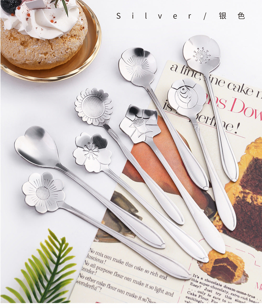 8pcs Stainless Steel Cherry Rose Flower Gold Scoop Coffee Spoon Gifts Kitchen Dessert Tea Accessories Tableware Decoration Set