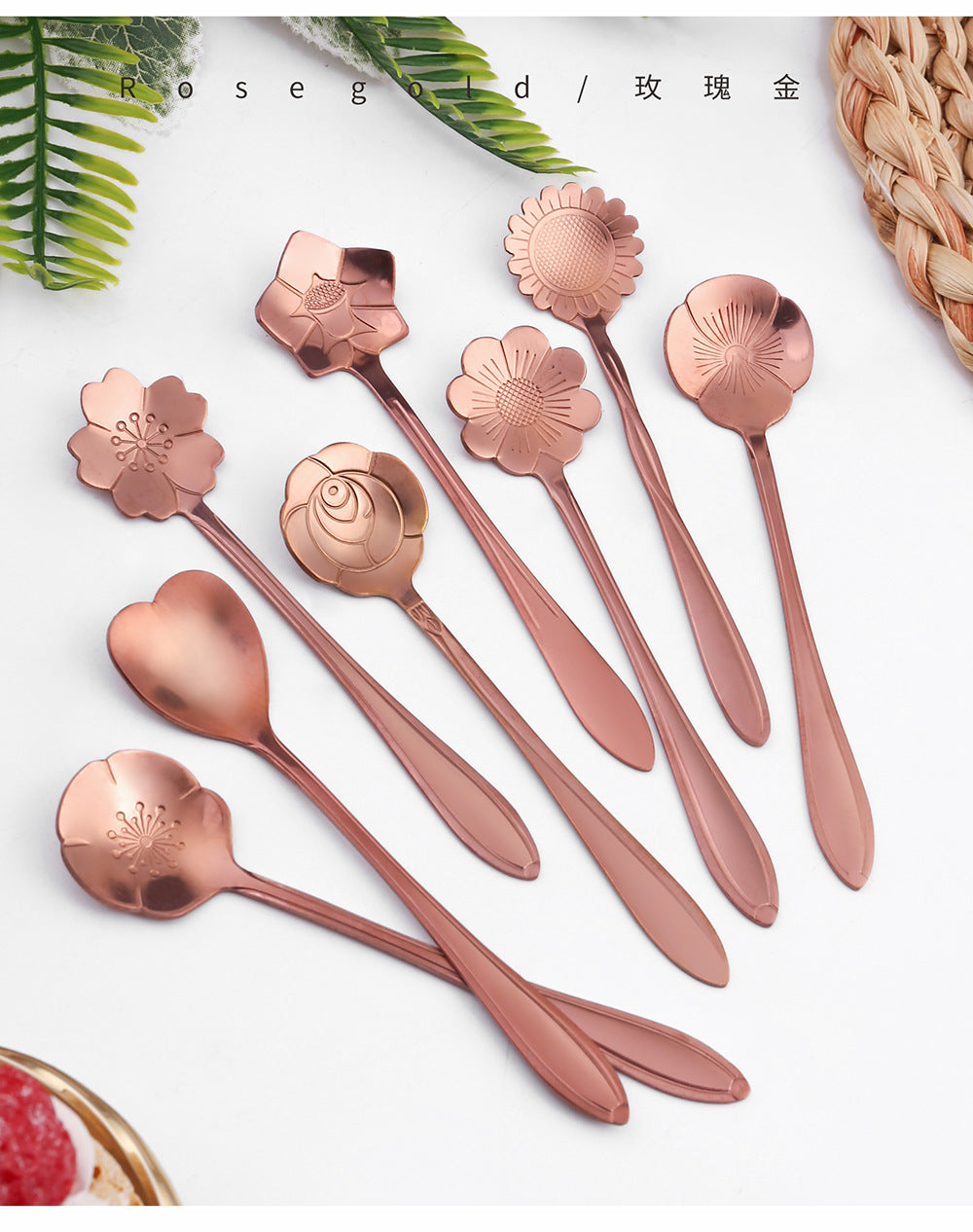 8pcs Stainless Steel Cherry Rose Flower Gold Scoop Coffee Spoon Gifts Kitchen Dessert Tea Accessories Tableware Decoration Set