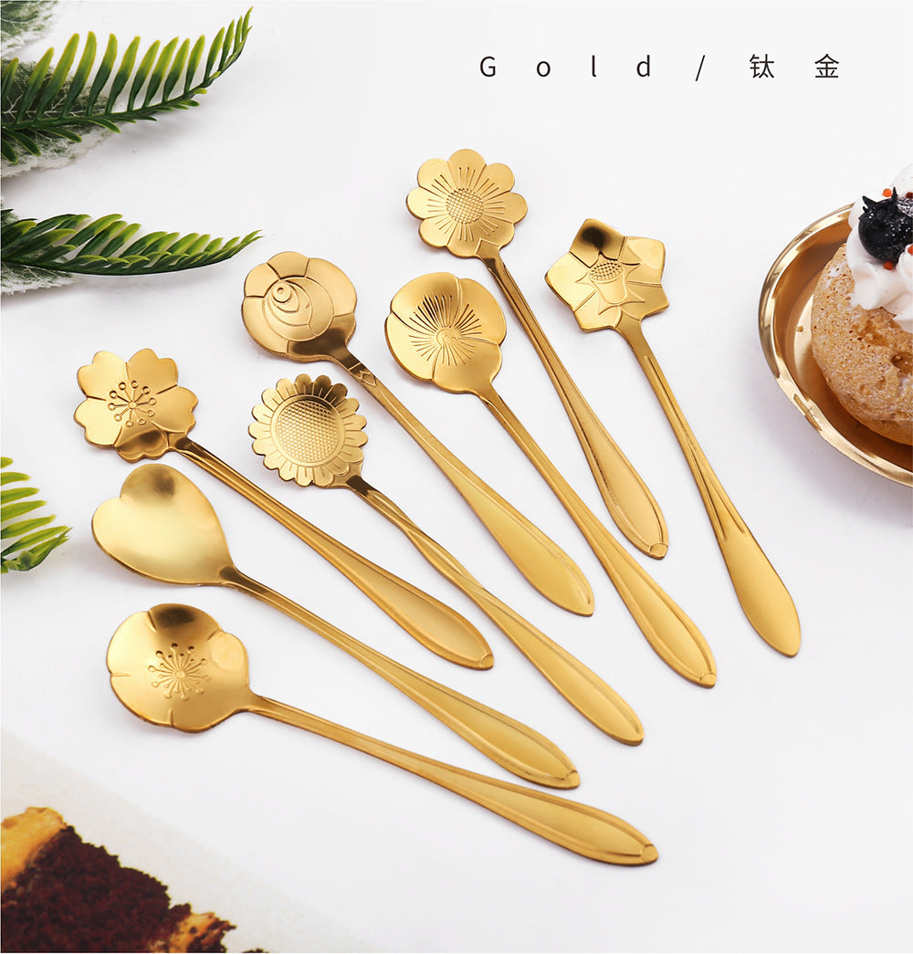 8pcs Stainless Steel Cherry Rose Flower Gold Scoop Coffee Spoon Gifts Kitchen Dessert Tea Accessories Tableware Decoration Set