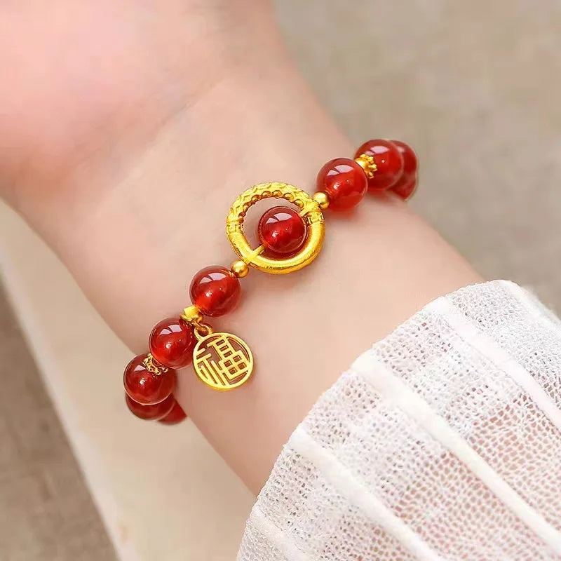 Real gold and red agate acacia bean bracelet AU999 pure gold fortune brand bracelet womens temperament 24k jewelry wholesale