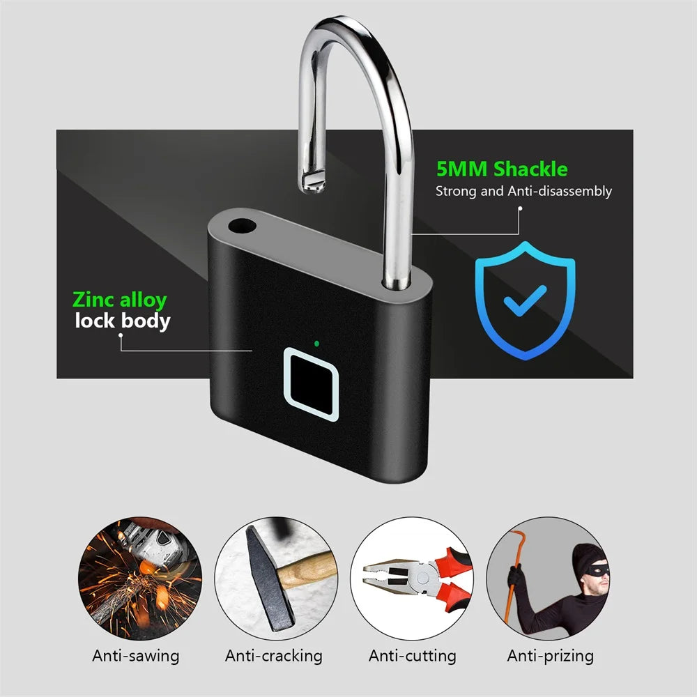 Keyless USB Charging Fingerprint Lock Smart Padlock Waterproof Door Lock 0.2sec Unlock Portable Anti-theft Padlock Zinc